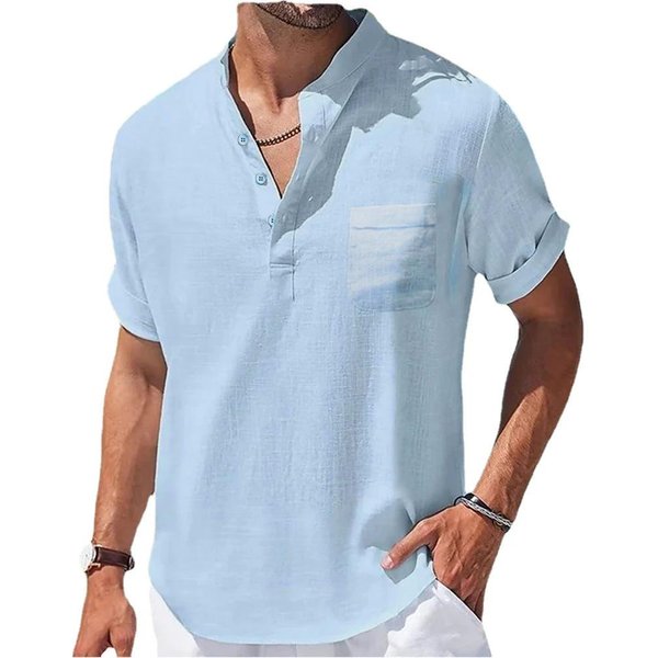 Camisas De AlgodóN Y Lino De Verano Para Hombre, Camisas De Manga Corta, Camisetas Casuales Con Cuello Henry Para Hombre, Camisas, Ropa Para Hombre M Azul Cielo-image