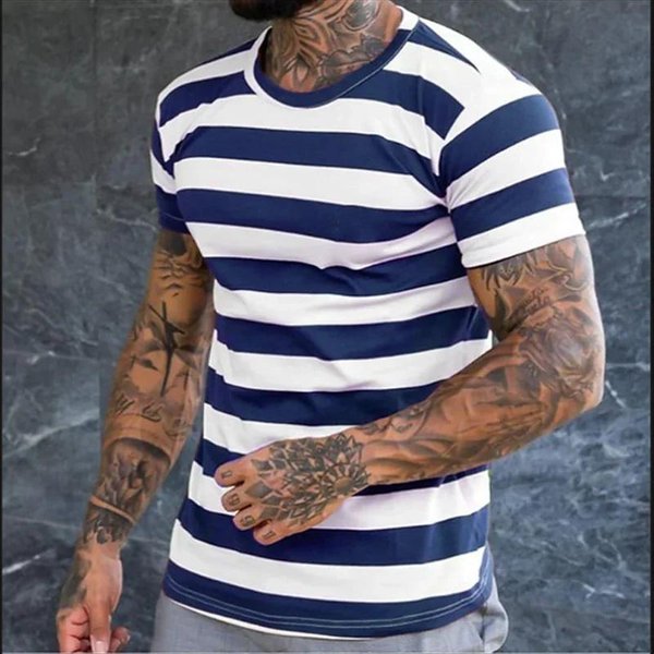 Camiseta GráFica De Rayas Para Hombre Color Block Camisetas Estampadas En 3D Verano Casual Cuello Redondo Tops Sueltos Deportiva Manga Corta Camisetas Urbanas M Blue-image