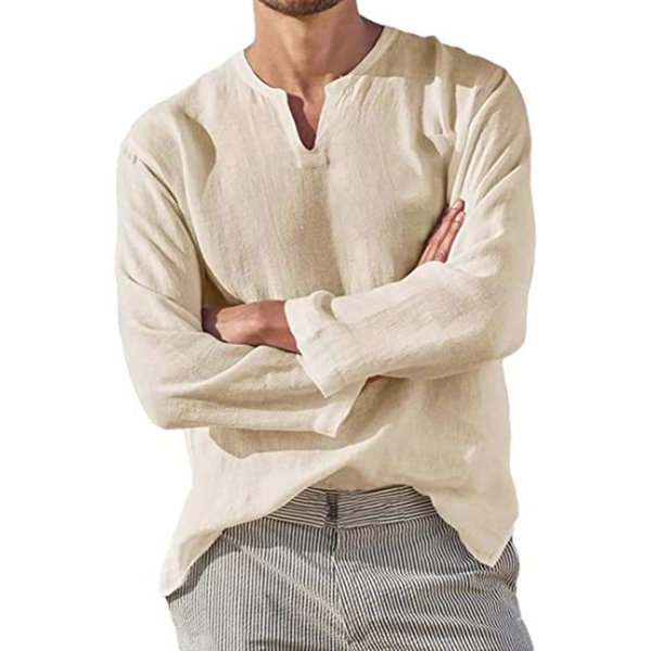 Camisa De Lino De AlgodóN Para Hombre, Blusa Informal De Manga Larga Con Cuello De Pico, Transpirable, CóModa, Color SóLido, Camisa Hawaiana, Tops De Gran TamañO US S Caqui-image