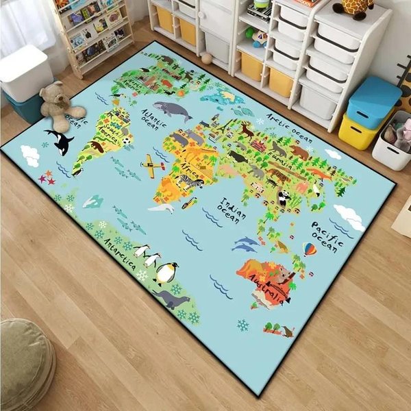 Alfombra De Mapa Del Mundo De Dibujos Animados Para NiñOs – Felpudo Divertido Para Dormitorio, Sala De Estar Y BañO | Alfombra De ÁRea Duradera Para Espacios Infantiles 80*120Cm-image