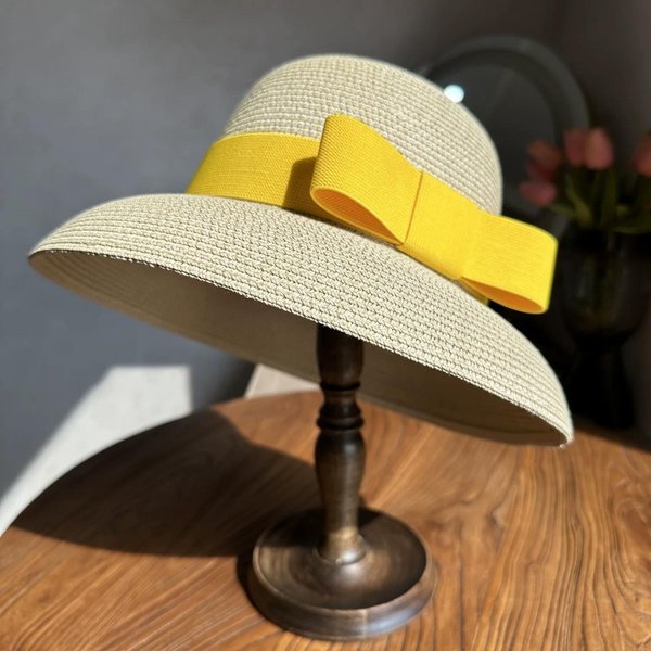 Sombrero De Verano Ala PequeñA Sombrero Hepburn DiseñO Vintage Sombrero De Paja Ala Sombrilla Mujeres NiñAs Color SóLido Playa Vacaciones Sol Grande Gorras 55-58CM Yellow-image