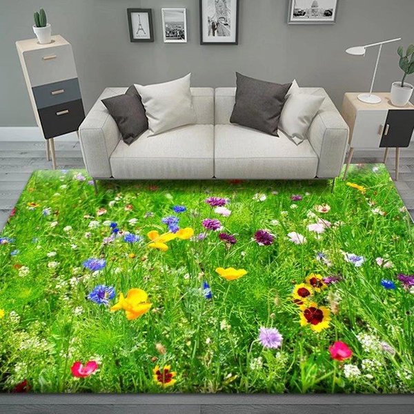 Zielony Dywan Do Salonu 3D Dekoracja Domowego Salonu WzóR KwiatóW Rumianku Dekoracja Sypialni Dywanik Do Pokoju MięKki Puszysty Mata PodłOgowa Przy ŁóżKu 80X120Cm 31.5X47.2In-image