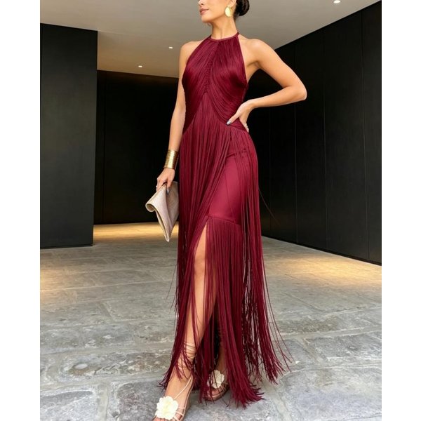 Vestido Largo Con Flecos En El Cuello De Primavera Y Verano, Estilo Europeo Y Americano, Sin Mangas Para Mujer, Ajustado, Con Temperamento, Vestido Vestido Vestido Vestido FáBrica Stock M BorgoñA-image