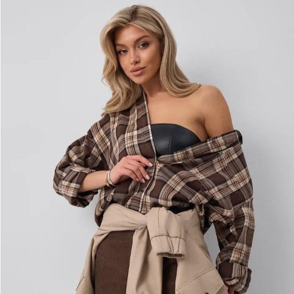 Damska Koszula W Kratę Z KołNierzykiem I DłUgim RęKawem, LuźNa, Vintage, Oversize, Zapinana Na Guziki, Casualowa Bluzka Z Kieszeniami S Ciemny Kolor BrąZowy-image