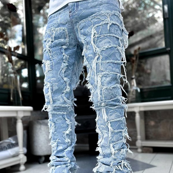 Nuevos Pantalones Vaqueros De Pierna Recta De Mezclilla Para Hombre, Moda Urbana, Pantalones Vaqueros De Pierna Recta De Mezclilla Con Parches EláSticos Coloridos L-image