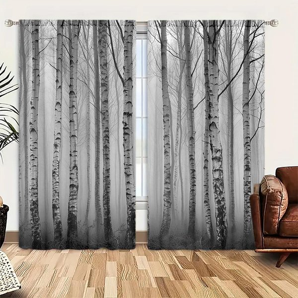 2 Szt. ZasłOna Z Nadrukiem Wzoru Brzozy Srebrnej Do Dekoracji Domu - Kieszeń Na Karnisz, Dekoracja Okienna Do Sypialni, Biura, Kuchni, Salonu 52.5Cmx116Cm X 2Pcs Gray-image