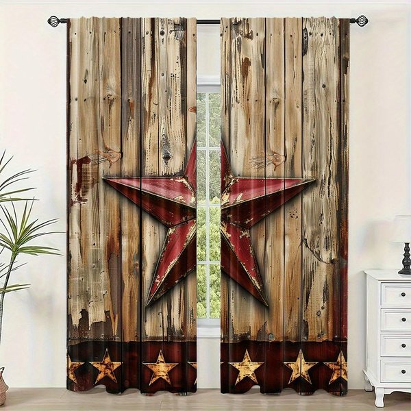Juego De 2 Cortinas Elegantes Con DiseñO De Puerta De Madera Retro, Con Bolsillo Para Barra Y Estampado Digital Para Sala De Estar, Dormitorio, Cocina, Ventana, DecoracióN Del Hogar. 135W165H(Cm)53X65In&Rod Pocket-image