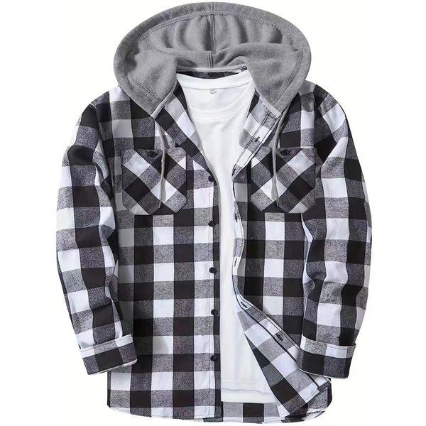 Camisa Casual De Cuadros Con Capucha Para Hombre Para Primavera Y OtoñO L Blanco-image