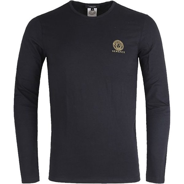 Camiseta De Manga Larga Ajustada De Cuello Redondo De Color SóLido Versace Para Hombre Tops Negro AUU01007-A232741-A1008 S Black-image