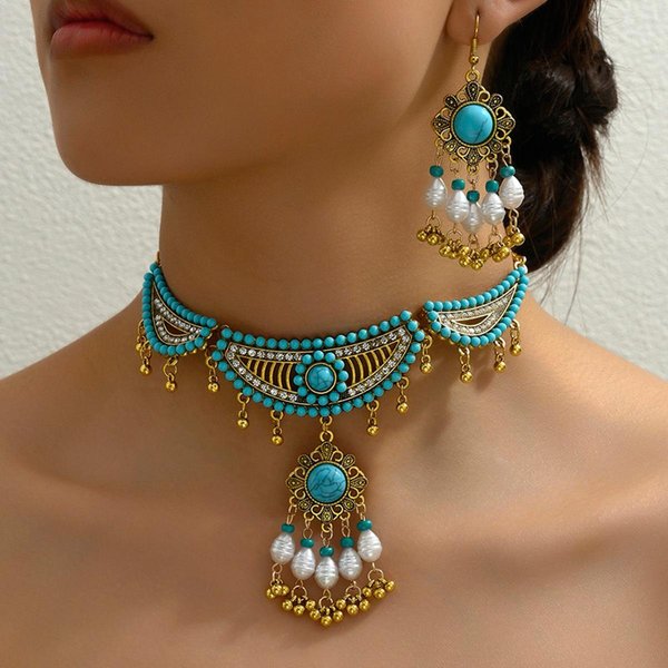 Conjunto De JoyeríA Para Mujer, Estilo Retro, Sencillo, Con Borlas De Color Turquesa, Accesorios, Temperamento Exagerado, Collar Y Pendientes De Cuentas Black-image