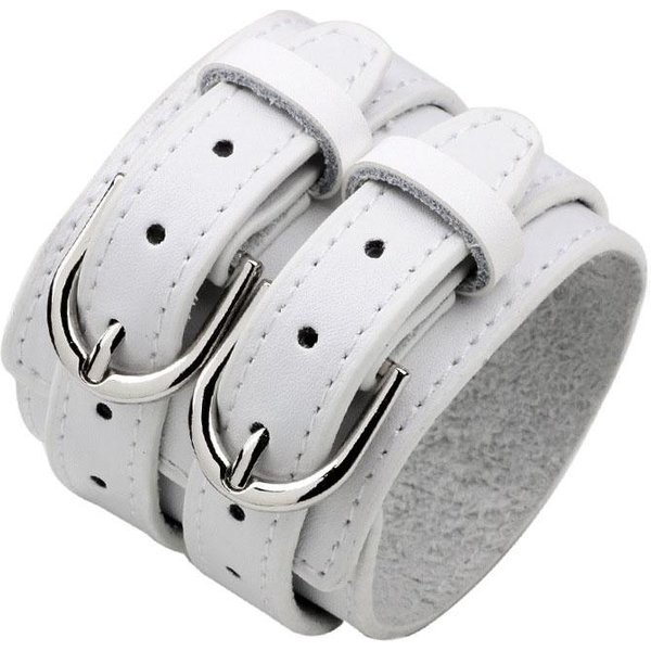 Pulsera De Cuero Genuino Para Hombre De Moda Pulsera Grande Ancha De Amistad Para Hombres Hebilla De Alta Calidad Ajustable JoyeríA Vintage Punk White-image