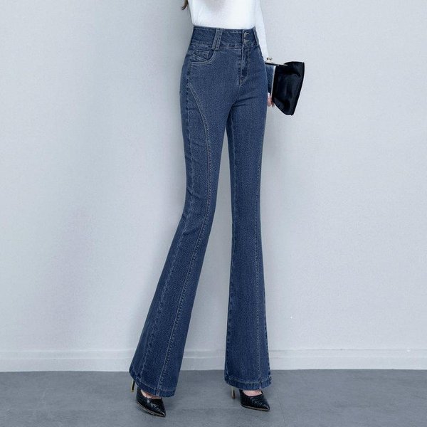 Pantalones De Campana De Mezclilla Para Mujer En OtoñO, Estilo Nuevo De Cintura Alta, Ajustados Y Con CaíDa, Corte CeñIdo Y Ligeramente De Campana Para Cubrir Las Caderas 2XL Gray-image