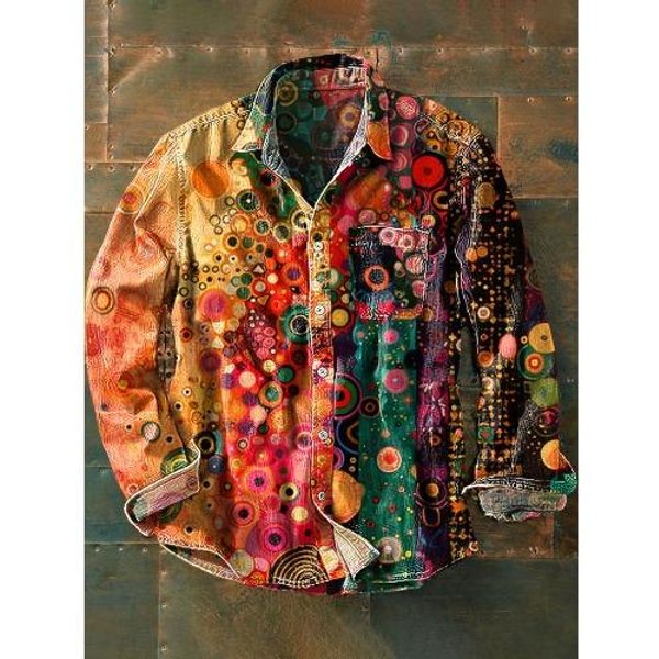 Camisa De Manga Larga Para Hombre Con Botones Y Estampado De Bloques De Color Estilo Retro XXL-image
