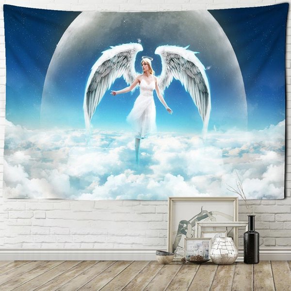 Tapiz De áNgel Blanco Puro Para Colgar En La Pared, Cielo Azul, Nubes Blancas, Halo, Arte Bohemio, Sala De Estar, Dormitorio, Hogar, HabitacióN De NiñOs, DecoracióN 95X70Cm Gray-image