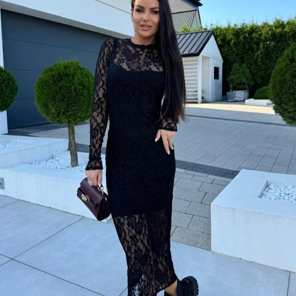 Jesienna Nowa Czarna Seksowna Klubowa Koronkowa Sukienka Damska Moda Slim Fit Elegancka LuźNa Vintage Casualowa Sukienka Kobieta Wysoka Talia OkrąGłY Dekolt Impreza DłUgie Sukienki 25244 L Czarny-image
