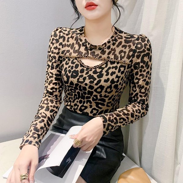 OtoñO E Invierno Nuevo Camiseta De Manga Larga Con Cuello Redondo Para Mujer Sexy Hueco Temperamento VersáTil Ajustada Camiseta Para Fondo 3XL De ImpresióN De Leopardo-image