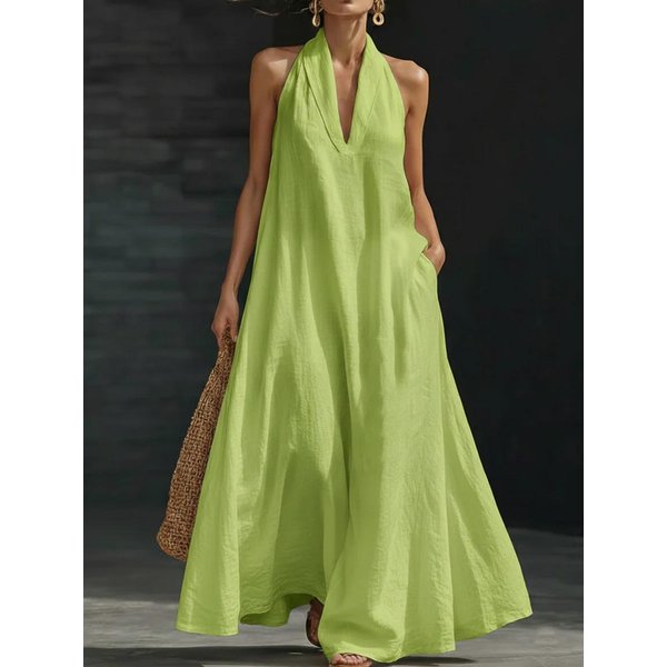 Vestido SóLido De Verano Para Mujer Con Cuello En V 2026 - Estilo Europeo Y Americano Ropa Casual Xxxl-image