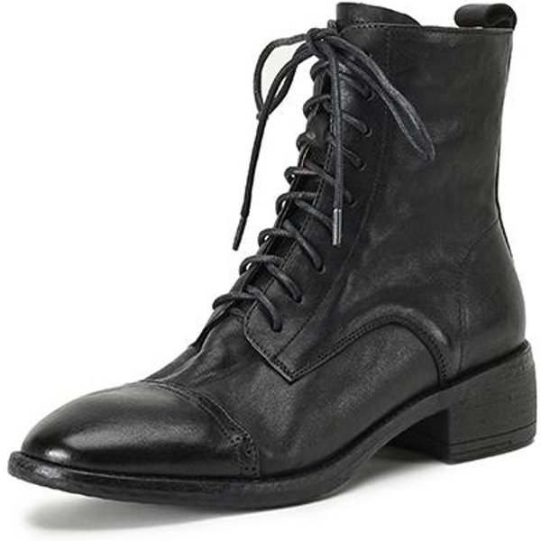 Krazing Pot Zapatos Retro De Piel De Vaca OtoñO Invierno Tacones Medios Botas De Motociclista Punta Redonda Mantener Caliente Botines Con Cordones 39 Negro-image