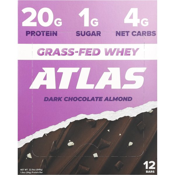 Atlas Bar, Barra De ProteíNa De Suero De Leche Alimentado Con Pasto, Chocolate Negro Almendra, 12 Barras, 1.9 Oz (54 G) Cada-image