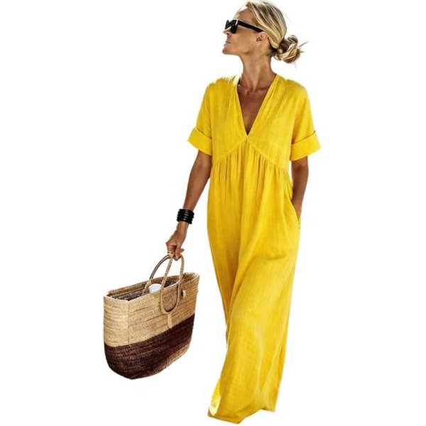 Letnia BawełNiano-Lniana Sukienka Maxi Dla Kobiet Casualowa Z Dekoltem V KróTkim RęKawem Sukienka O Fasonie A Letni StróJ PlażOwy Zwiewna Sukienka Letnia Z Kieszeniami M Yellow-image