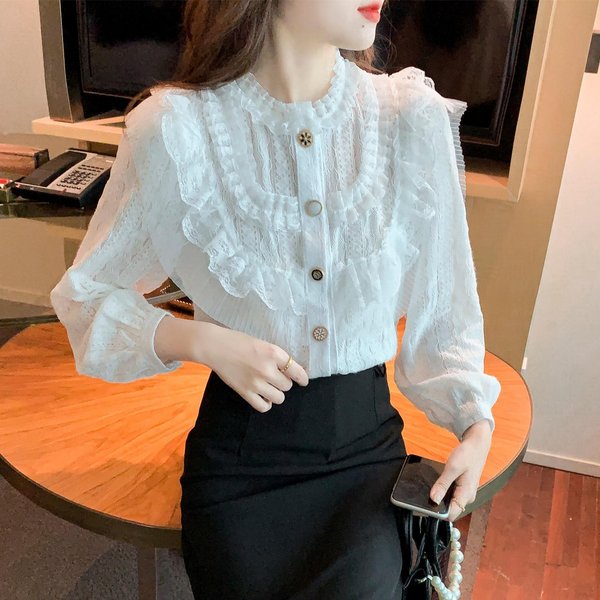 Camisa De Moda De Terciopelo Espesado Con Base De Encaje Para Mujer En OtoñO E Invierno, Nueva Blusa Con Cuello Alto, Hermosa Camisa De Gasa 2XL White-image