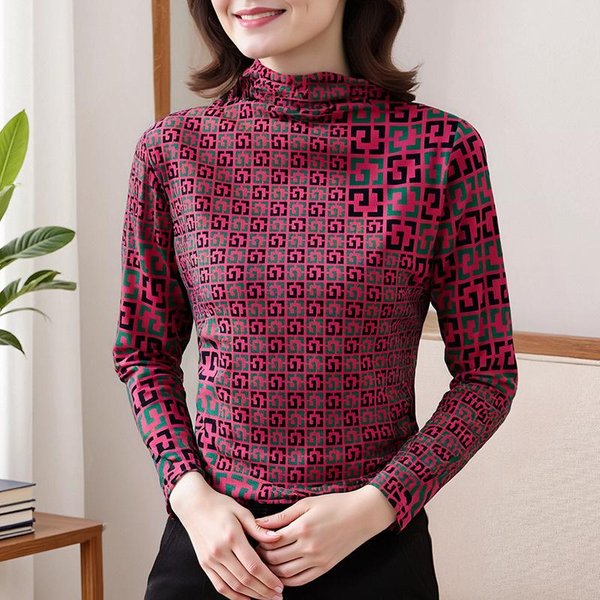 Nuevo Jersey De Invierno Camiseta Base Temperamento Cuello Semi-Alto Estampado Top Con Camiseta Madre Ajustada 4XL Black-image