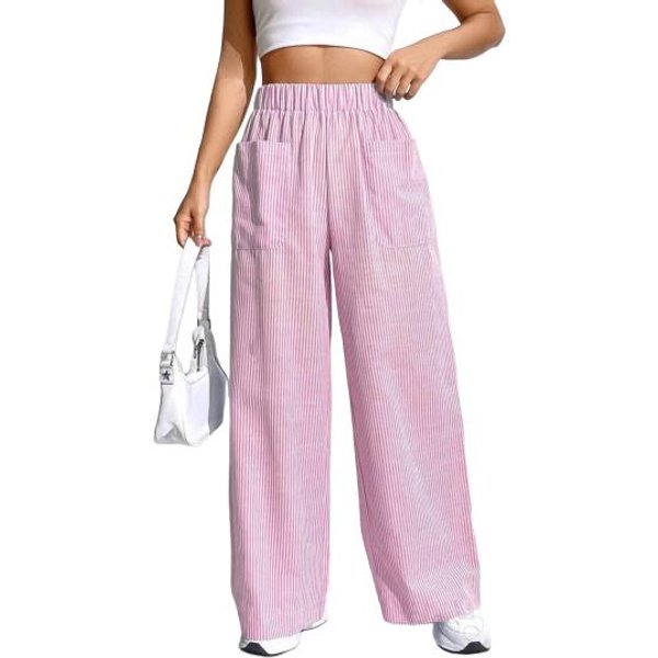 Pantalones De Mujer Cintura EláStica Tiro Medio Pierna Ancha Pantalones Largos Con Bolsillos Estampado De Cuadros Pantalones Casuales CóModos S-image