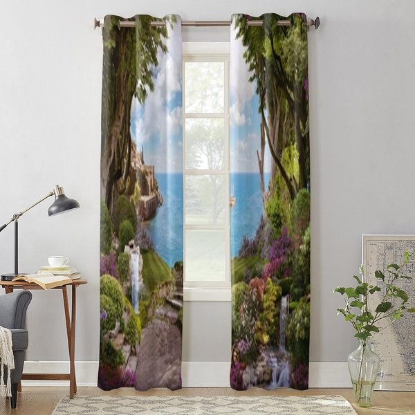 PięKne LeśNe Kwiaty Wodospady ZasłOny Okienne Do Salonu Sypialni Luksusowe Nowoczesne ZasłOny Kuchenne Tkanina Draperie 135W X 60H(Cm) X1 Gray-image