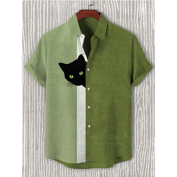 Camisa Retro Japonesa Para Hombre Con Estampado De Gato Negro, Top Casual De Lino De Manga Corta Con Cuello Alto, Camiseta De Vacaciones De Un Solo BotóN S-image