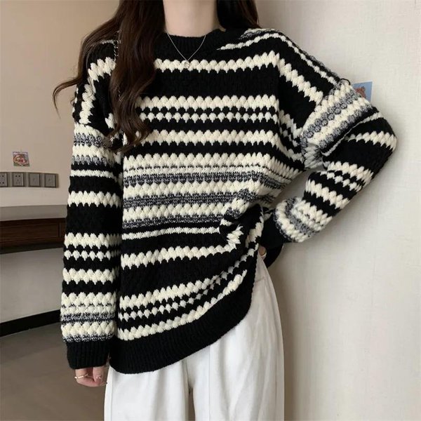 Pasiasty Sweter Damski Na Jesień I Zimę, LuźNy, Oversize, Casualowy, Codzienny XXL Gray-image