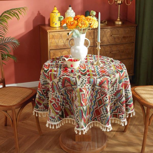DecoracióN Del Hogar Mantel Redondo Jacquard Floral Pastoral Mantel Engrosado Con Borlas Cubierta Para Mesa De Fiesta Cocina Comedor 100Cm Round Brown-image