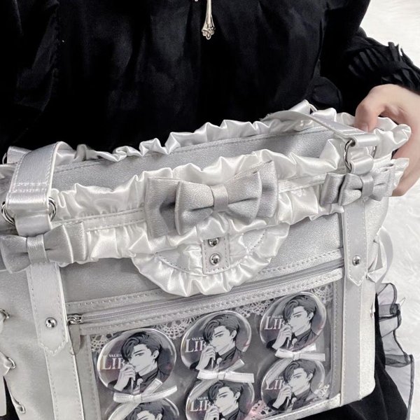 Jiaerdi Lolita Urocza Torebka Na Ramię Z Kokardką Damska Harajuku SkóRzana Kwadratowa DużA Pojemność Ita Bag Anime Uchwyt Portmonetka Torba Tote 35X24X10Cm Gray-image