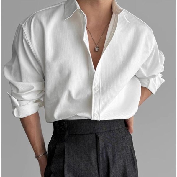 Camisa Casual Lisa De Manga Larga Para Hombre OtoñO Primavera Cuello Polo Holgada VersáTil Blusa Base CáRdigan Top Hombre 2XL Blanco-image