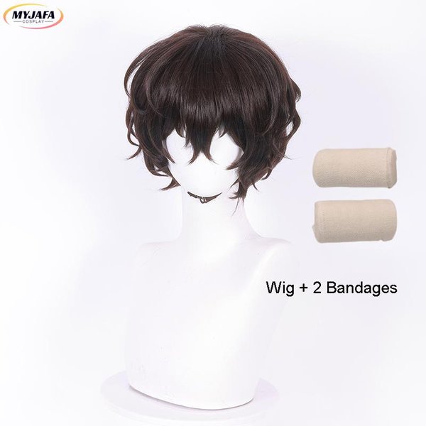 Wysokiej JakośCi Peruka Cosplay Dazai Osamu Anime Cosplay KróTka BrąZowa Odporna Na CiepłO Syntetyczna Peruka + Czepek One Size-image