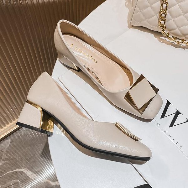 Tallas Grandes 35 -43 Zapatos De SalóN Para Mujer TacóN Medio Puntera Cuadrada Zapatos De Cuero Para Oficina Cadena MetáLica Dorada Grande Suelas Blandas Zapatos Slip On 36-image