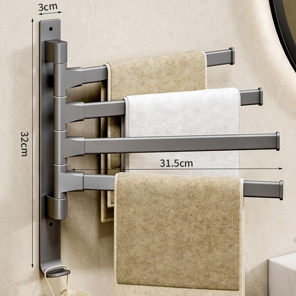 Wieszak Na RęCzniki łAzienkowe Obrotowy Uchwyt Space Aluminiowy Wieszak Z 4 PręTami PółKa Kuchenna Papier WisząCy Na śCianie 30X32Cm-image