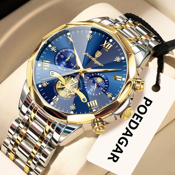 Poedagar Reloj De Lujo Original Para Hombre Impermeable Luminoso CronóGrafo Pulsera Acero Inoxidable Relojes De Cuarzo Para Hombre Reloj Blue-image