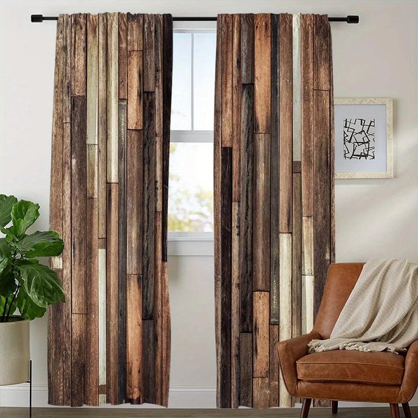 2 Piezas Cortina De Ventana Estampada Con Rayas Marrones Vintage Para Dormitorio, Oficina, Cocina, Sala De Estar, Estudio Bolsillo Para Barra Tratamiento De Ventana W65X60H(Cm)X2Pcs&Grommet Top-image