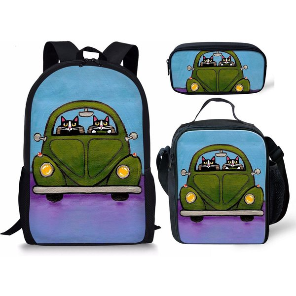CláSico Popular Novedad Peculiar Divertido Coche ImpresióN 3D 3Uds/Set Pupila Mochilas Escolares PortáTil Mochila De DíA Mochila Bolsa De Almuerzo Estuche Blue-image