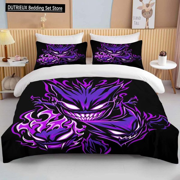 Kolekcja PośCieli Z Nadrukiem Pokemon Gengar KreskóWka Anime Poszewka Na KołDrę KołDra Poszewka Na Poduszkę ChłOpcy Dziewczynki Dzieci DorośLi Kolekcja PośCieli Luksusowa 140X200Cm 3Pcs-image