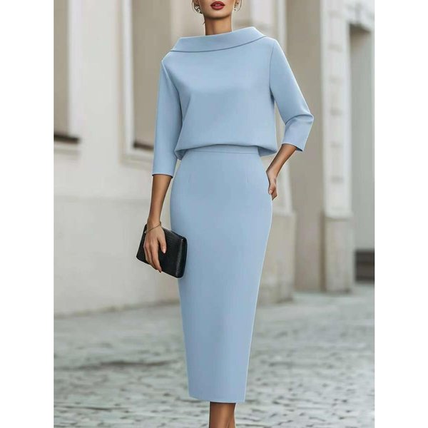 Damski Komplet Top Z Dekoltem Typu Cowl I RęKawem 3/4 Oraz SpóDnica, Dopasowany, Elegancki, DwuczęśCiowy, Midi L Jasny Kolor Niebieski-image