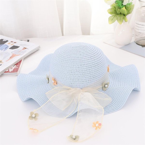 Nuevo Sombrero De Sol De Verano Para Mujer Con Lazo Y Ala Ancha Sombrero De Paja Ondulado, Sombrero De Playa Con Flores Y Perlas, Plegable Average Size Beige-image