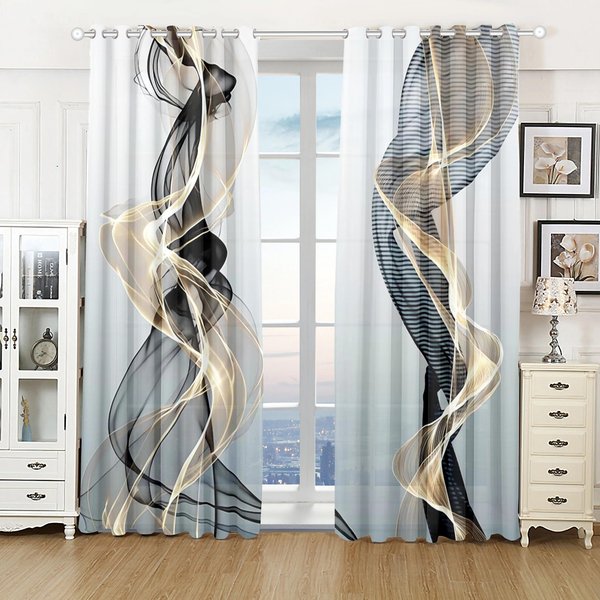 Cortinas Modernas De Arte Abstracto A Rayas En Negro Y Dorado, 2 Piezas, Que Filtran La Luz Para La Sala De Estar, El Dormitorio, La Ventana Del Hogar, DecoracióN 107W160H(CM)2PCS-image