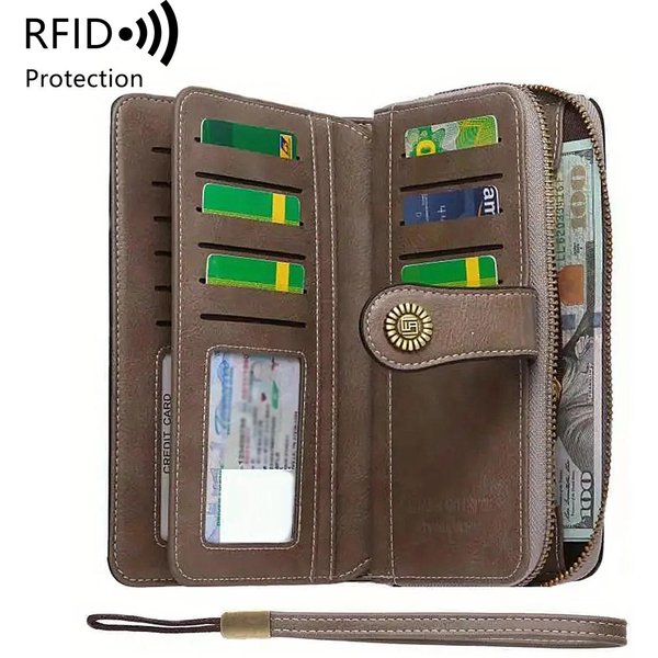 Wysokiej JakośCi Portfel Damski Rfid AntykradzieżOwe SkóRzane Portfele Dla Kobiety DłUgi Zamek BłYskawiczny DużA Damska KopertóWka Torebka Damska Etui Na Karty Gray-image