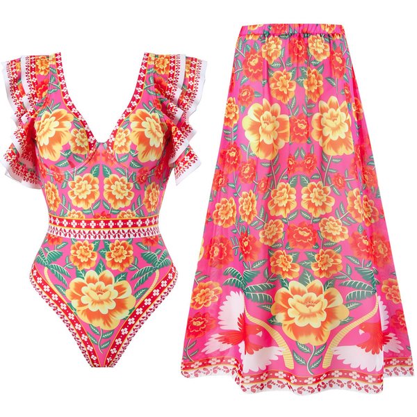 Nuevo Traje De BañO Sexy De Una Pieza Para Mujer, Conjunto De Traje De BañO De Dos Piezas Con Falda De Gasa Estampada M Beige-image