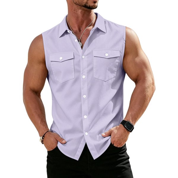 Camisa De Hombre Sin Mangas Con Botones, Cuello Y Bolsillos En El Pecho, Corte Casual Para Uso Diario Y Actividades Al Aire Libre S Gray-image