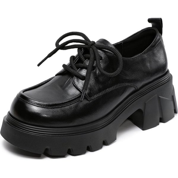 Johnature Zapatos De TacóN Grueso Retro De Cuero Genuino Para Mujer Estilo BritáNico De Suela Gruesa Con Cordones 38 Negro-image