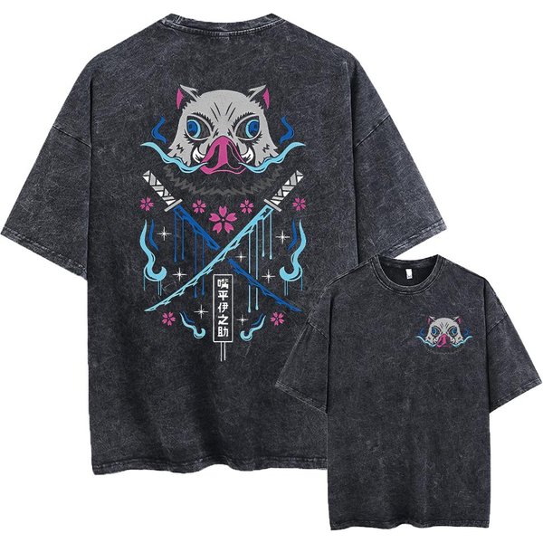 Camiseta Estampada Lavada Anime Demon Slayer AlgodóN Hombre Camiseta Lavada Vintage Camiseta GráFica Camisetas Ropa Streetwear M-image