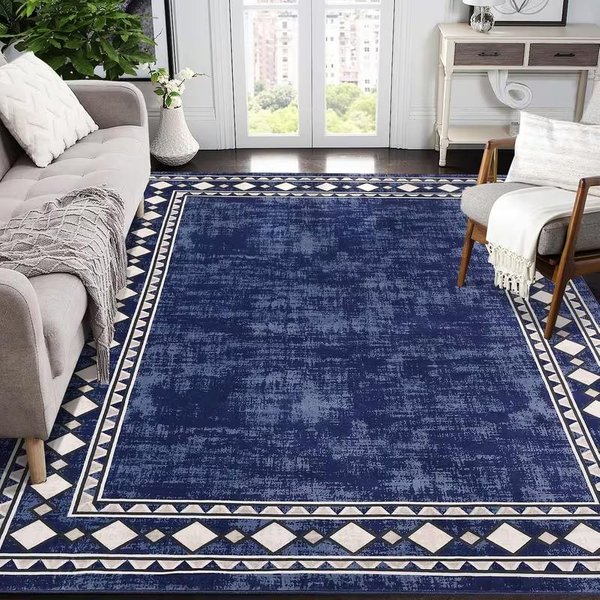 Granatowy Dywanik Nowoczesny Geometryczny WzóR Z Obramowaniem Dywan Do Salonu Sypialni AntypośLizgowy Odporny Na Plamy SkłAdany Dywanik Akcentowy 120X160Cm-image