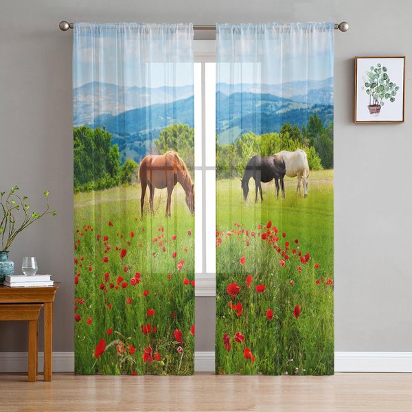 Cortinas TraslúCidas Meadow Horses Flowers Para DecoracióN De Sala De Estar Cortinas De Ventana Para Cocina Cortinas De Tul Voile Organza W135 X H115Cm X1 Gray-image